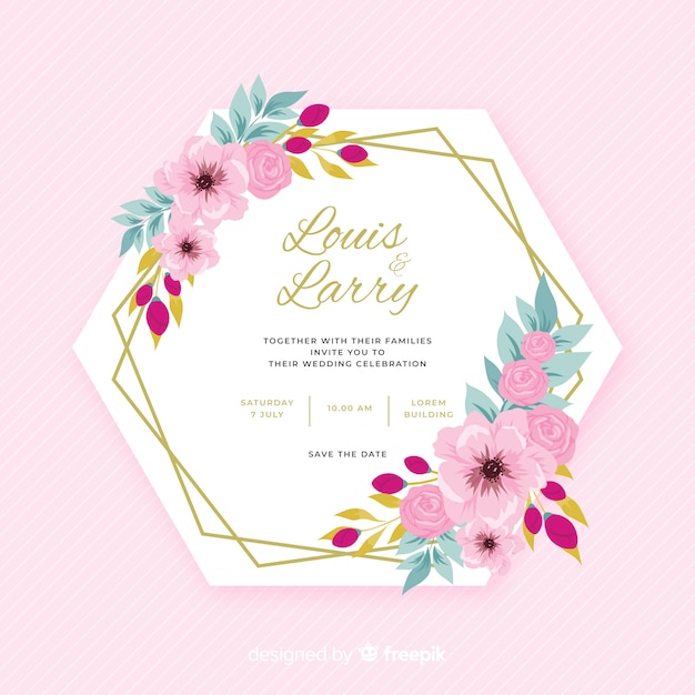 Design plat coloré d'invitation de mariage cadre floral Vecteur gratuit