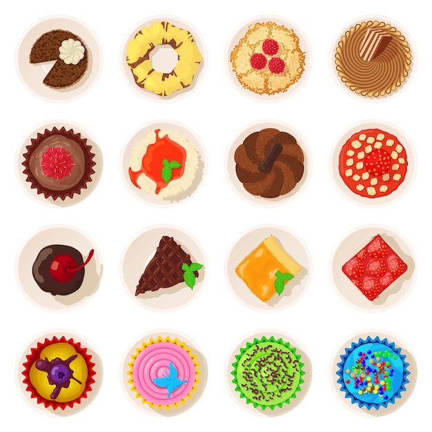 Dessert vue de dessus icônes détaillées définies. bande dessinée illustration de 16 icônes vectorielles détaillées de desserts vue de dessus pour le web Vecteur Premium