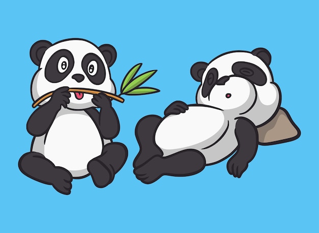 Dessin Anime Animal Panda Mange Du Bambou Et Le Panda Dort La Mascotte Mignonne Vecteur Premium