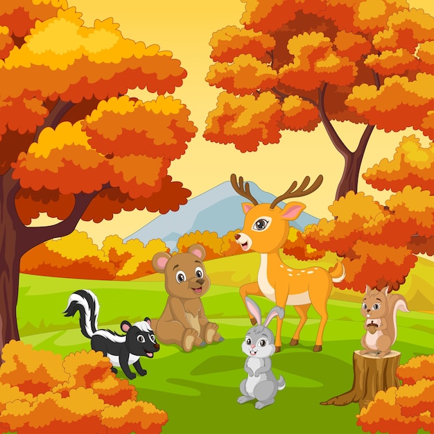 Dessin Anime D Animaux Heureux Avec Fond De Foret D Automne Vecteur Premium