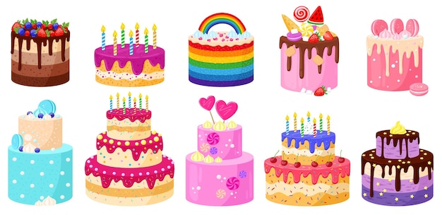 Dessin Anime Anniversaire Fete De Vacances Celebration De Delicieux Gateaux Joyeux Anniversaire Chocolat Et Fraise Bougies Gateaux Vector Illustration Set Desserts Decores D Anniversaire Vecteur Premium