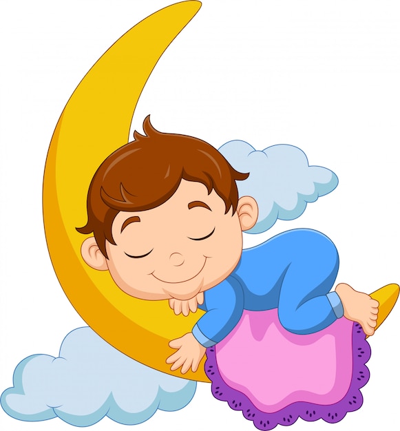 Dessin Animé Bébé Garçon Dormant Sur La Lune | Vecteur Premium