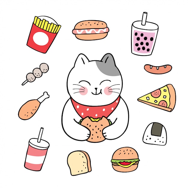 Dessin Anime Chat Mignon Manger Des Aliments Vecteur Vecteur Premium