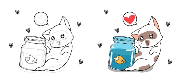 Dessin Anime Chat Et Petit Poisson A Colorier Pour Les Enfants Vecteur Premium