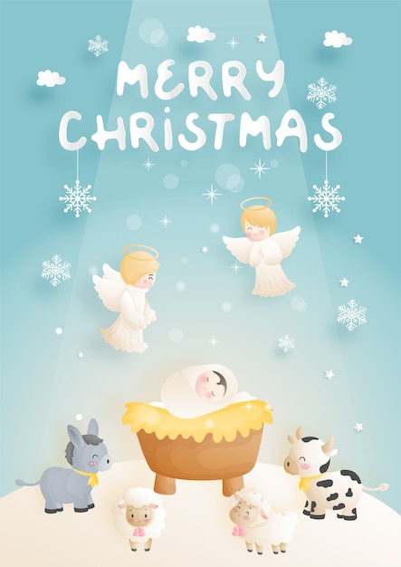 Un Dessin Anime De Creche De Noel Avec Bebe Jesus Dans La Creche Avec Ange Ane Et Autres Animaux Illustration Religieuse Chretienne Vecteur Premium