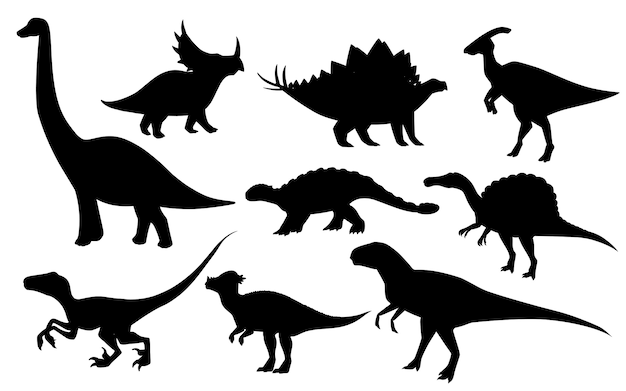 Dessin Anime Dinosaure Mis Predateurs Et Herbivores Silhouette Noire Vecteur Premium