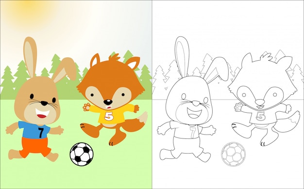 Dessin animé drôle d'animaux jouant au football Vecteur Premium