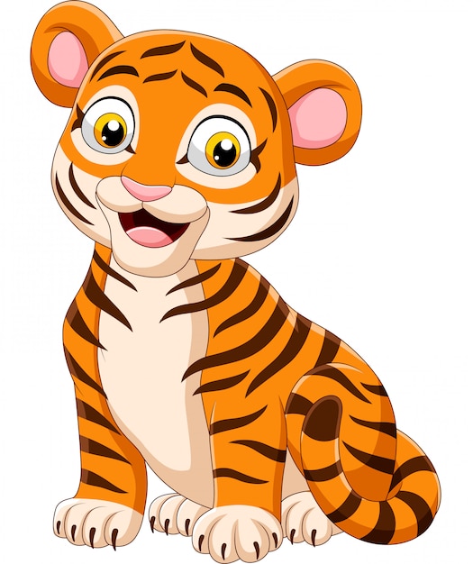 Dessin Animé Drôle Bébé Tigre Assis Vecteur Premium