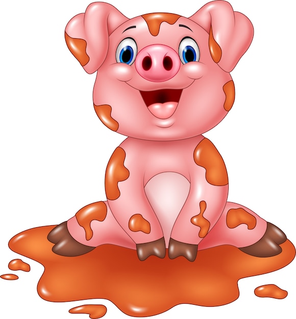 Dessin Animé Drôle Cochon Assis Dans La Boue Télécharger