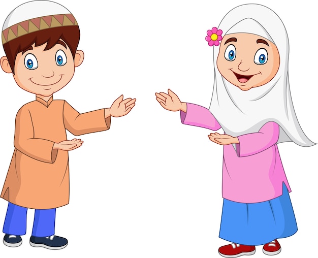 Dessin Animé Enfants Musulmans Heureux Vecteur Premium
