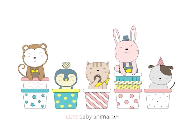 Dessin Anime Esquisse Le Bebe Animal Mignon Sur Le Petit Gateau Style Dessine A La Main Vecteur Premium