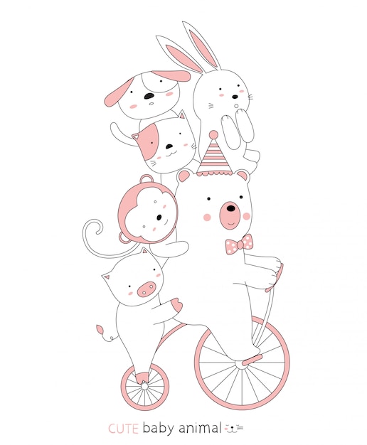 Dessin Anime Esquisse Le Bebe Animal Mignon Sur Le Velo Vintage Style Dessine A La Main Vecteur Premium