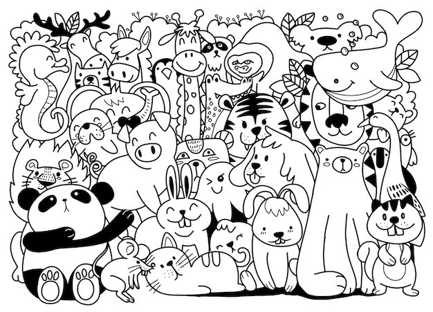 Dessin Anime Grand Ensemble D Animaux Mignons De Griffonnage Parfait Pour La Chambre D Enfants De Livre De Bebe D Anniversaire De Carte Postale Illustration Pour Livre De Coloriage Chacun Sur Un Calque Separe
