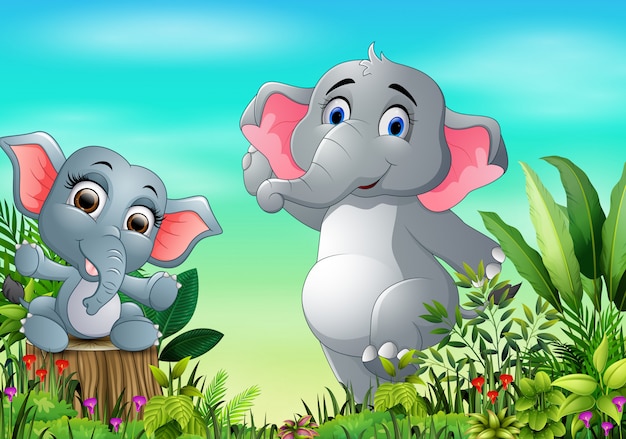 Dessin Anime Heureuse Mere Et Bebe Elephant Dans Le Parc Vecteur Premium