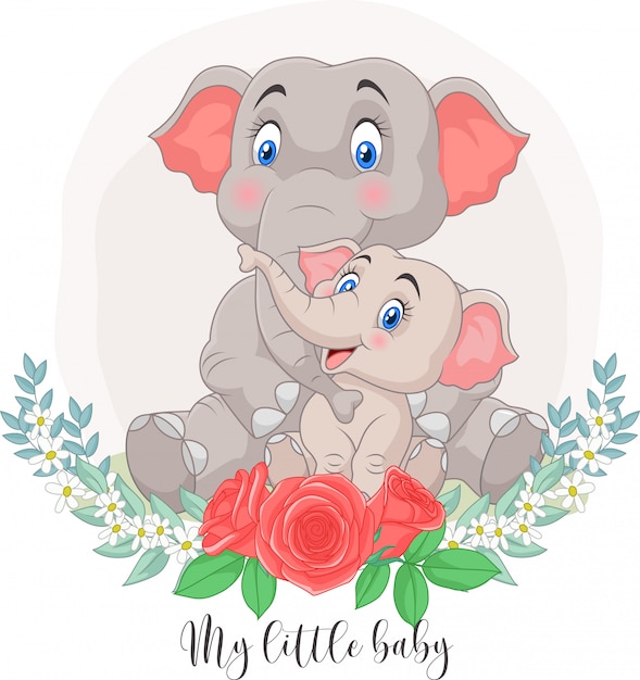 Dessin Anime Mere Et Bebe Elephant Assis Avec Fond De Fleurs Vecteur Premium