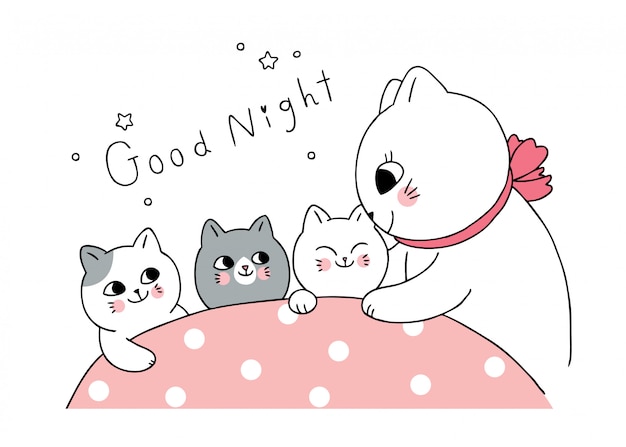 Dessin Anime Mere Mignonne Et Bebe Chat Disent Vecteur Bonne Nuit Vecteur Premium