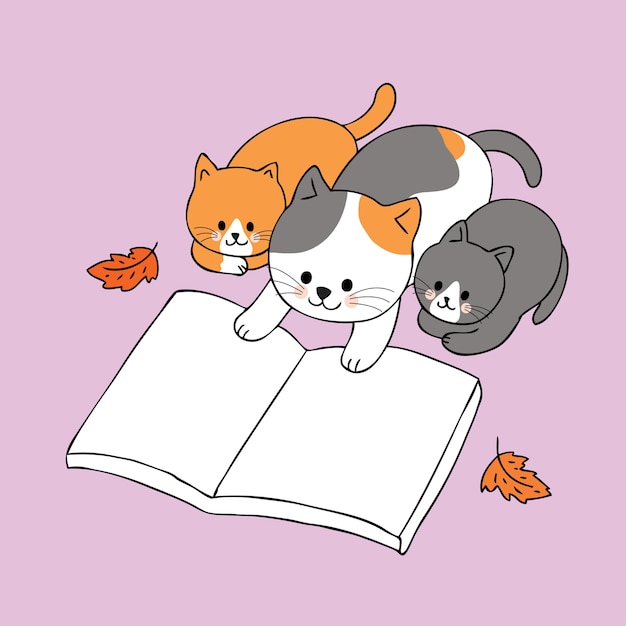 Dessin Anime Mignon Automne Famille Chats Lecture Vecteur De Livre Vecteur Premium