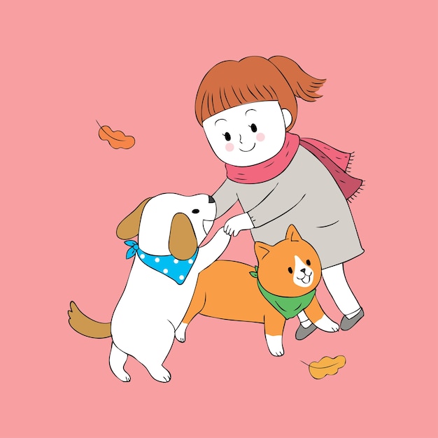 Dessin Animé Mignon Automne Fille Et Chien Et Chat Jouant