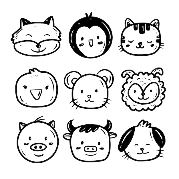 Dessin Anime Mignon Bebe Animal Visage Doodle Vecteur Premium