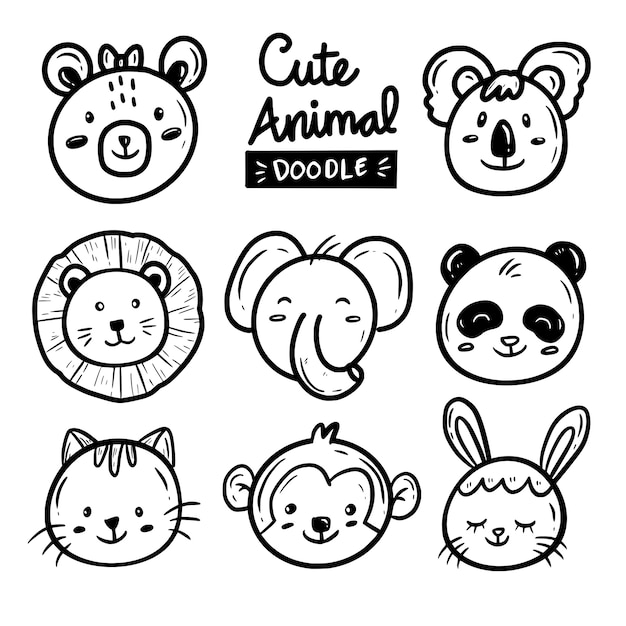 Dessin Anime Mignon Bebe Animal Visage Doodle Vecteur Premium