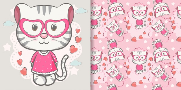 Dessin animé mignon bébé chaton avec motif sans soudure Vecteur Premium