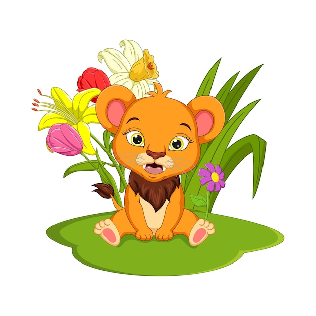 Dessin Anime Mignon Bebe Lion Assis Dans L Herbe Vecteur Premium