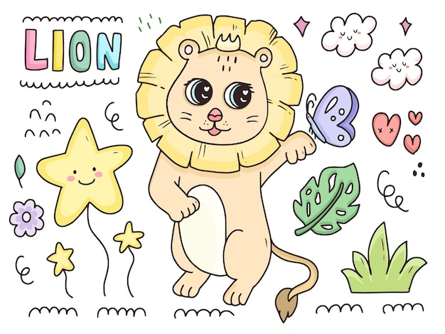 Dessin Anime Mignon Bebe Lion Jeu De Caracteres Vecteur Premium