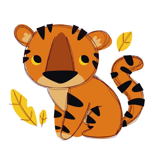 Dessin Anime Mignon Bebe Tigre Assis Isole Sur Fond Blanc Style Tendance Et Clipart De Couleur Vecteur Premium