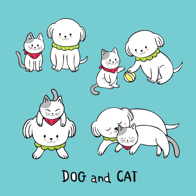 Dessin Animé Mignon Chat Et Chien Ensemble Télécharger Des