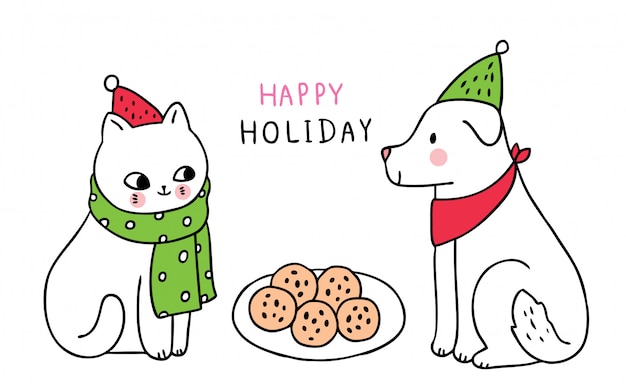 Dessin Anime Mignon Chat Et Chien De Noel Manger Des Cookies Vecteur Premium