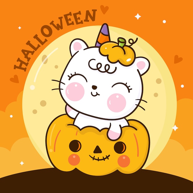 Dessin Anime Mignon Chat Halloween Sur Citrouille Kawaii Animal Dessine A La Main Vecteur Premium