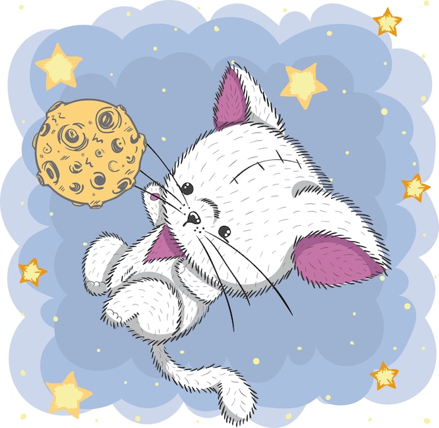 Dessin Animé Mignon Chat Et Lune Dessinés à La Main