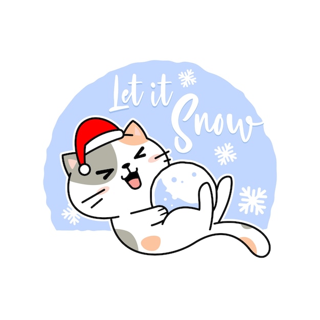 Dessin Anime Mignon Chat De Noel Avec Boule De Neige Et Chapeau Vecteur Premium