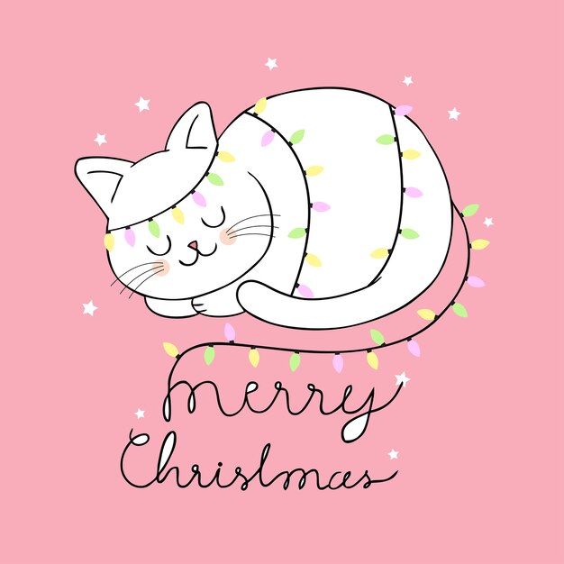 Dessin Anime Mignon Chat De Noel Et Vecteur Lumineux Vecteur Premium