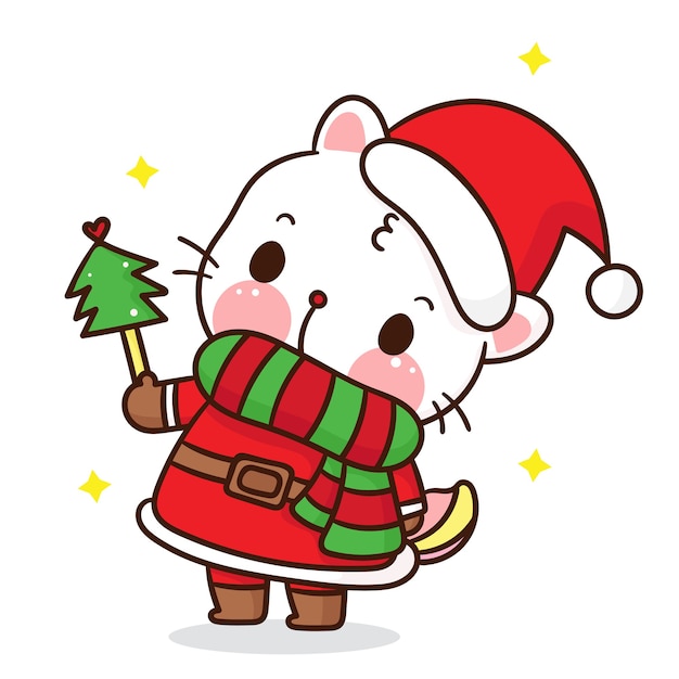 Dessin Anime Mignon De Chat Porter Des Deguisements Et Un Style Kawaii De Chapeau De Pere Noel Vecteur Premium