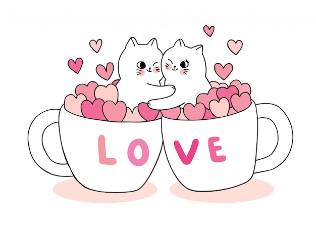 Dessin Anime Mignon Chats Amoureux De La Saint Valentin Et Coeurs En Vecteur De Tasse De Cafe Vecteur Premium