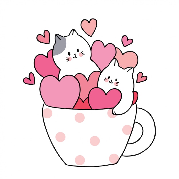 Dessin Animé Mignon Chats Blancs De Saint Valentin Et