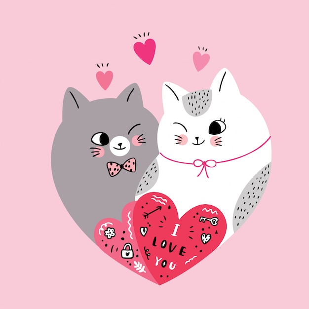 Dessin Anime Mignon Chats Couple Saint Valentin En Forme De Coeur Vecteur Vecteur Premium