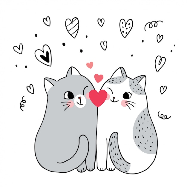 Dessin Anime Mignon Chats Couple Saint Valentin Et Vecteur De Coeur Vecteur Premium