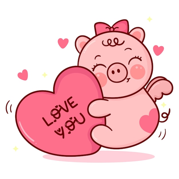 Dessin Anime Mignon Cochon Calin Vous Aime Coeur Kawaii Animal De Compagnie Vecteur Premium