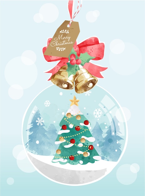 Dessin Anime Mignon Decore De Sapin De Noel Dans L Illustration De Boule De Neige Vecteur Premium