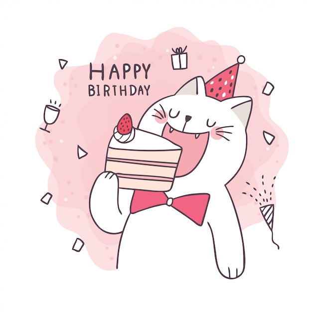 Dessin Anime Mignon Dessiner Un Chat Mangeant Un Gateau Joyeux Anniversaire Vecteur Premium