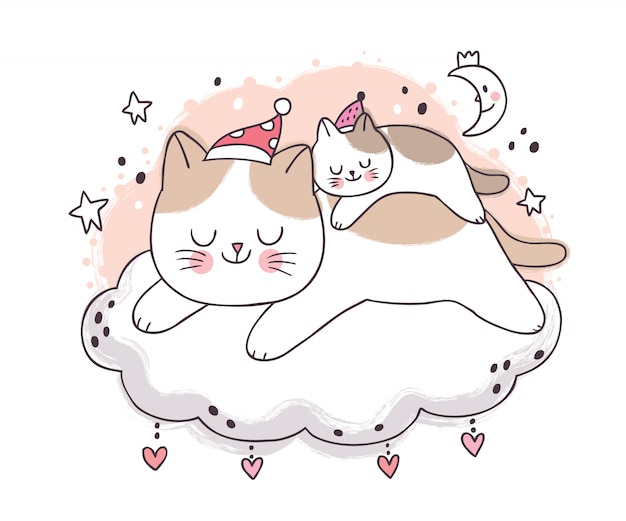 Dessin Anime Mignon Doux Reve Mere Et Bebe Chat Dormant La Nuit Sur Les Nuages Vecteur Premium