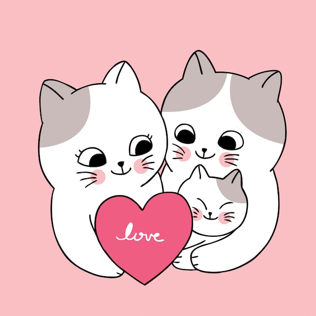 Dessin Anime Mignon Famille De Chats Blancs De La Saint Valentin Et Vecteur De Coeur Vecteur Premium