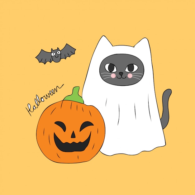 Dessin Anime Mignon Halloween Fantome Chat Et Vecteur De Citrouille Vecteur Premium