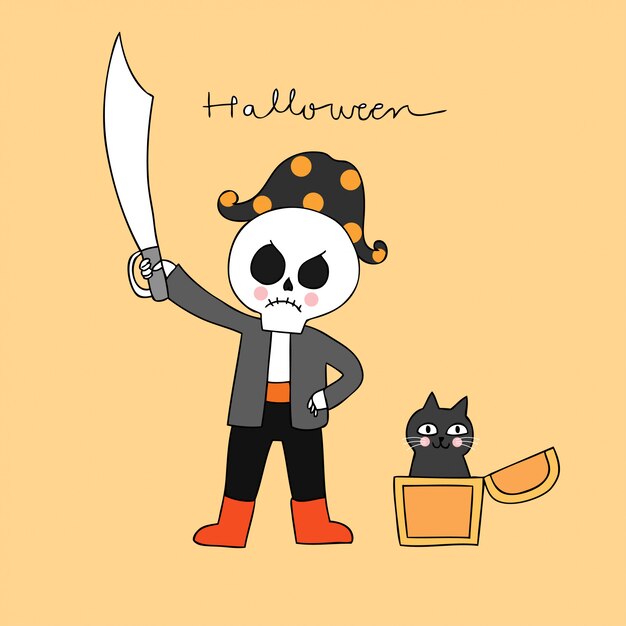 Dessin Anime Mignon Halloween Squelette De Pirate Et Vecteur De Chat Noir Vecteur Premium