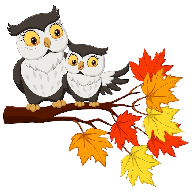 Dessin Anime Mignon Hibou Mere Et Bebe Sur Les Branches Des Arbres Vecteur Premium