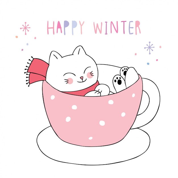 Dessin Animé Mignon Hiver Chat Dans Une Tasse à Café