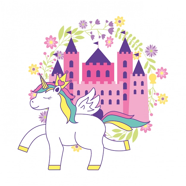 Dessin Anime Mignon De Licorne Avec Chateau Vecteur Premium