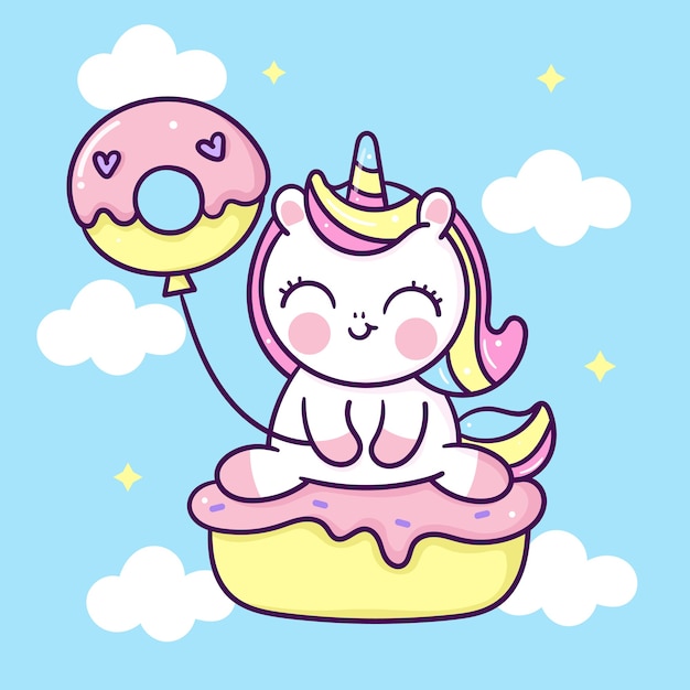 Dessin Anime Mignon Licorne Avec Fete D Anniversaire Kawaii Cupcake Dessine A La Main Vecteur Premium